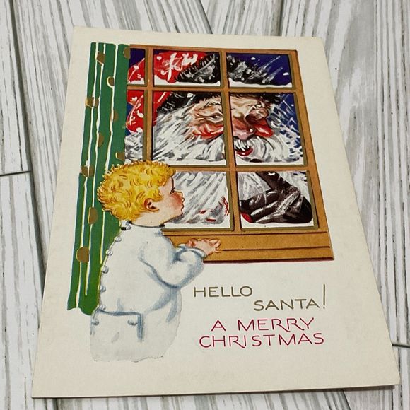 Early 1900's Merry Christmas Boy Santa Claus In Window Embossed Postcard - Picture 1 of 2